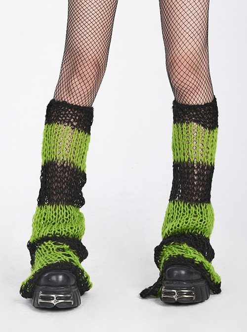 Soft And Comfortable Flared Mohair Black And Green Fun Striped Punk Leg Guards