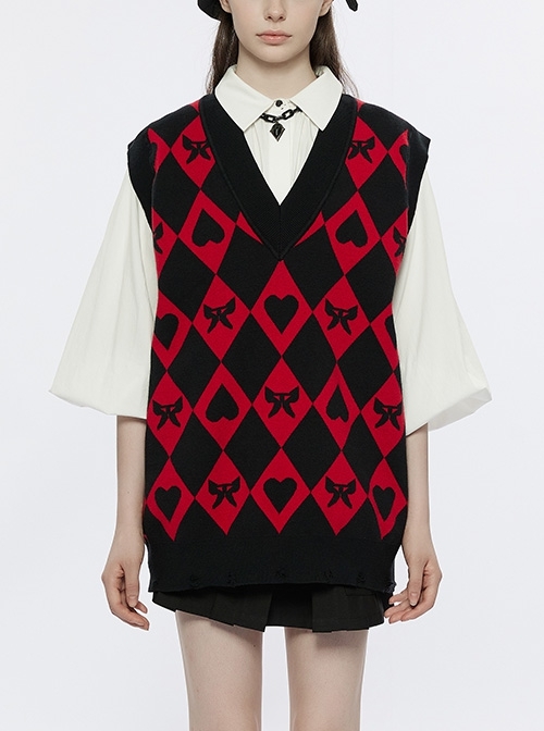 Loose V-Neck Sleeveless Woven Yarn Raw Edge Peach Heart Interlaced Rhombus Black Red Gothic Vest