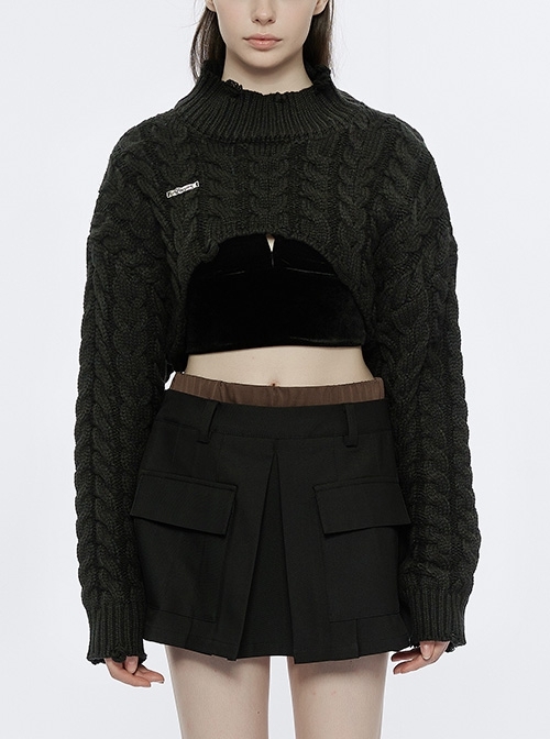Black Strand Pattern Mid-Thick Loose Ripped Hole Curved Hollow Hem Punk Style Pullover Sweater