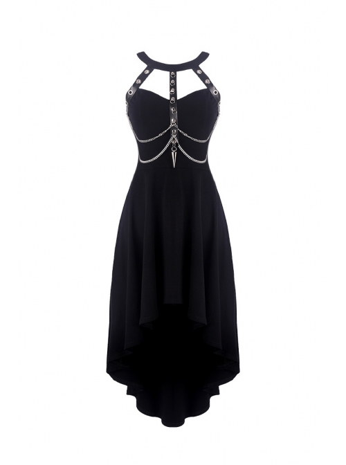 Black Off-Shoulder Leather Straps Metal Chain Tail Long Hem Punk Dress