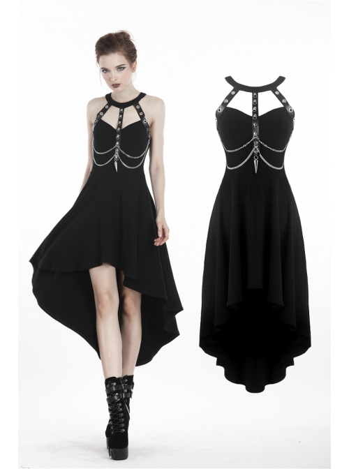 Black Off-Shoulder Leather Straps Metal Chain Tail Long Hem Punk Dress