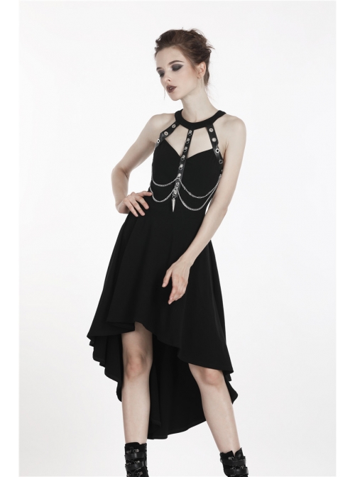 Black Off-Shoulder Leather Straps Metal Chain Tail Long Hem Punk Dress