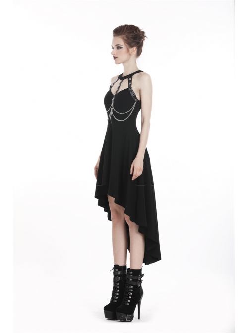 Black Off-Shoulder Leather Straps Metal Chain Tail Long Hem Punk Dress