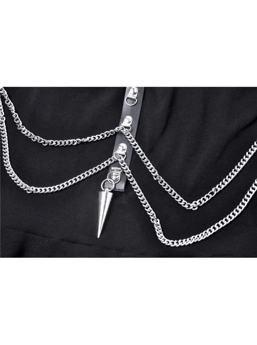 Black Off-Shoulder Leather Straps Metal Chain Tail Long Hem Punk Dress