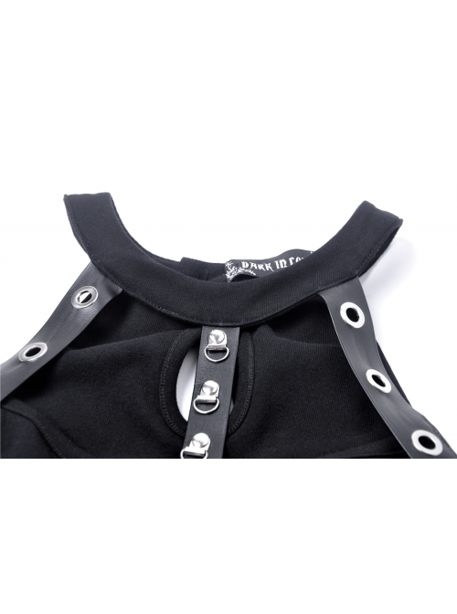 Black Off-Shoulder Leather Straps Metal Chain Tail Long Hem Punk Dress