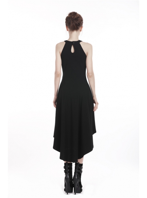 Black Off-Shoulder Leather Straps Metal Chain Tail Long Hem Punk Dress