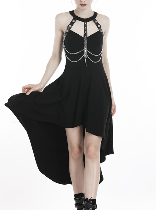 Black Off-Shoulder Leather Straps Metal Chain Tail Long Hem Punk Dress
