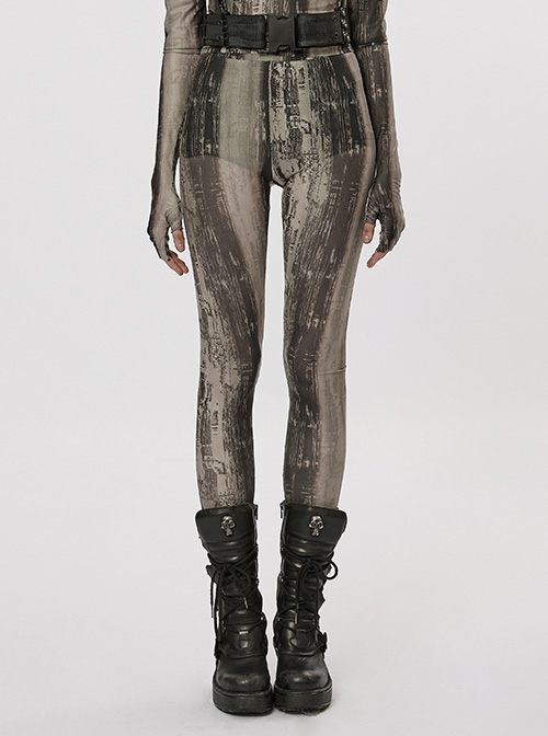 Old-Fashioned Stretch-Print Mesh Black And Yellow Punk Style Leggings
