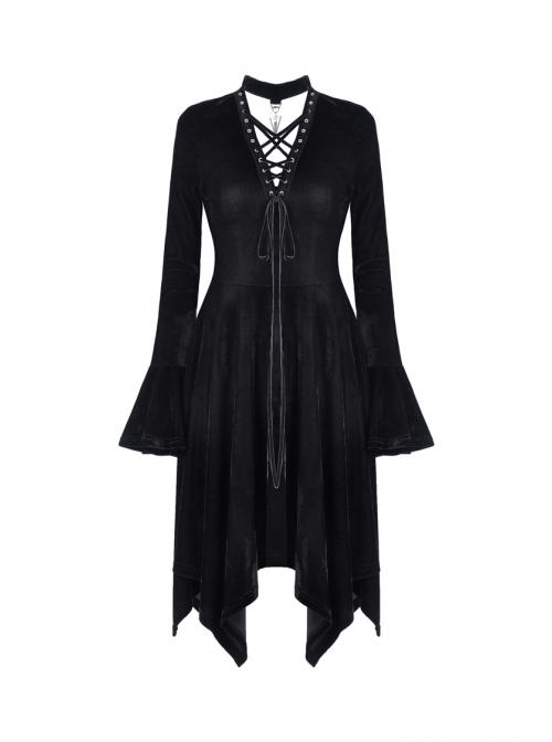 Black V-Neck Chest Lace-Up Long Sleeves Punk Rock Dress