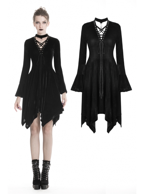 Black V-Neck Chest Lace-Up Long Sleeves Punk Rock Dress