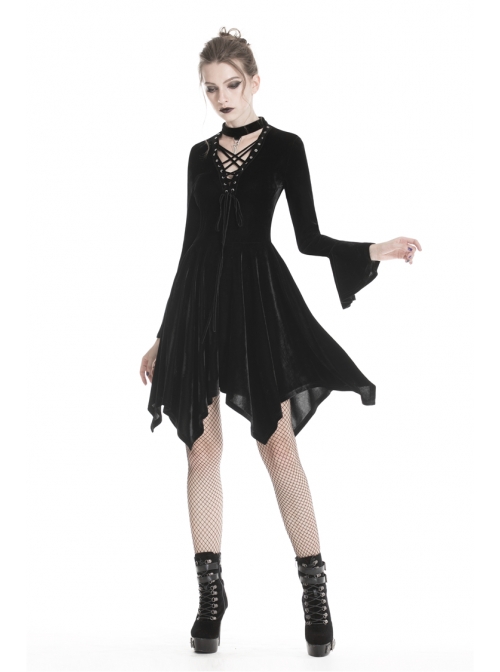 Black V-Neck Chest Lace-Up Long Sleeves Punk Rock Dress