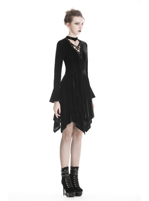 Black V-Neck Chest Lace-Up Long Sleeves Punk Rock Dress