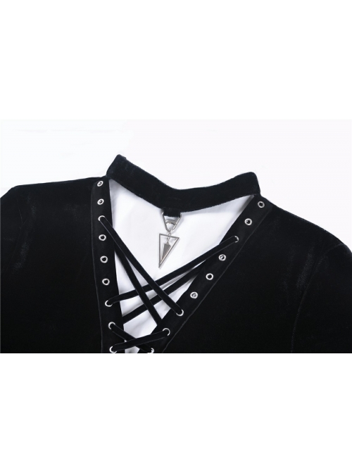 Black V-Neck Chest Lace-Up Long Sleeves Punk Rock Dress