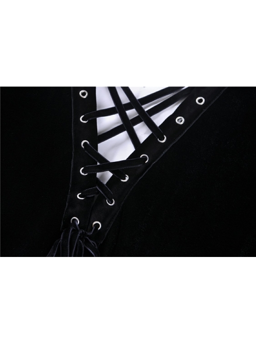 Black V-Neck Chest Lace-Up Long Sleeves Punk Rock Dress
