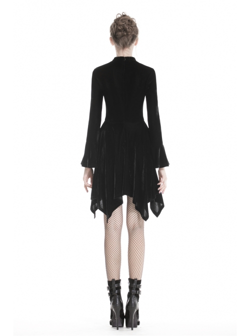 Black V-Neck Chest Lace-Up Long Sleeves Punk Rock Dress