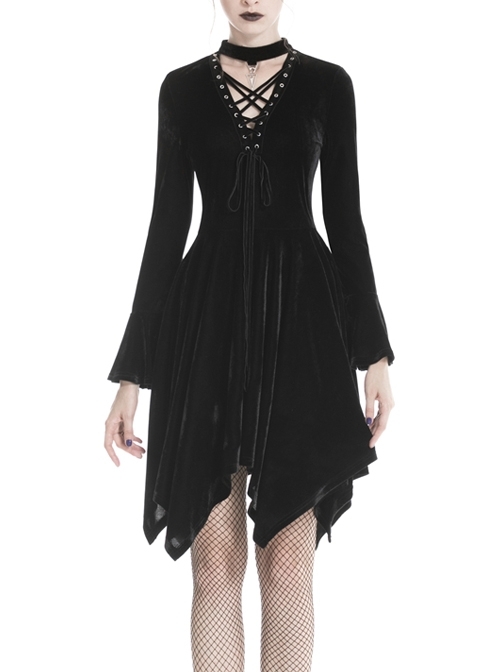 Black V-Neck Chest Lace-Up Long Sleeves Punk Rock Dress