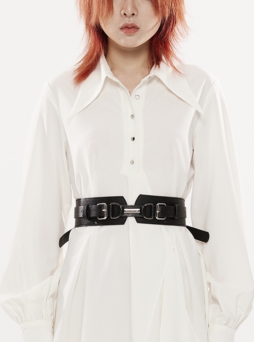 Black Wear-Resistant And Anti-Fold Double-Layer Punk Style Leather Belt