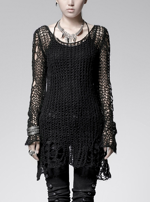 Striped Black Round Neck Long Irregular Punk Style Decayed Pullover Sweater