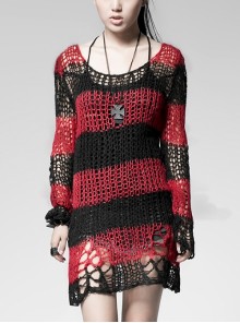 Striped Black And Red Round Neck Long Irregular Punk Style Decayed Pullover Sweater