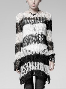 Striped Black And White Round Neck Long Irregular Punk Style Decayed Pullover Sweater