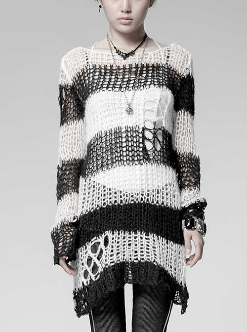 Striped Black And White Round Neck Long Irregular Punk Style Decayed Pullover Sweater