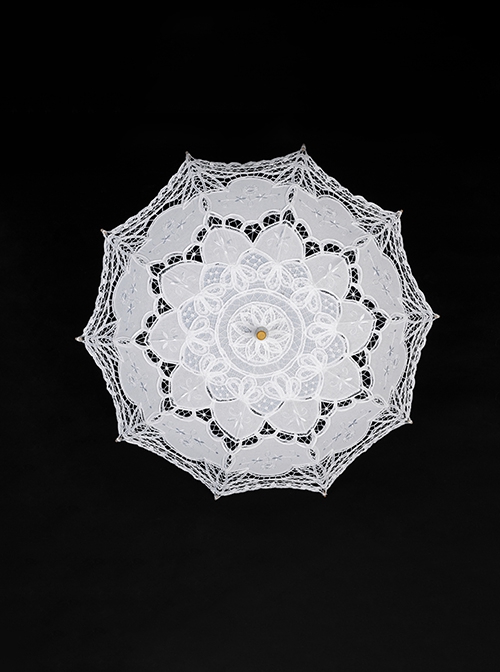 Hollow Thin And Delicate Embroidered Umbrella Frame Wooden Alloy Umbrella Bone White Gothic Cotton Lace Umbrella