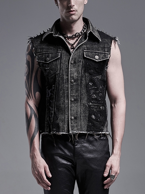 Non Stretch Retro Ripped Denim Black Punk Style Rough And Decadent Vest