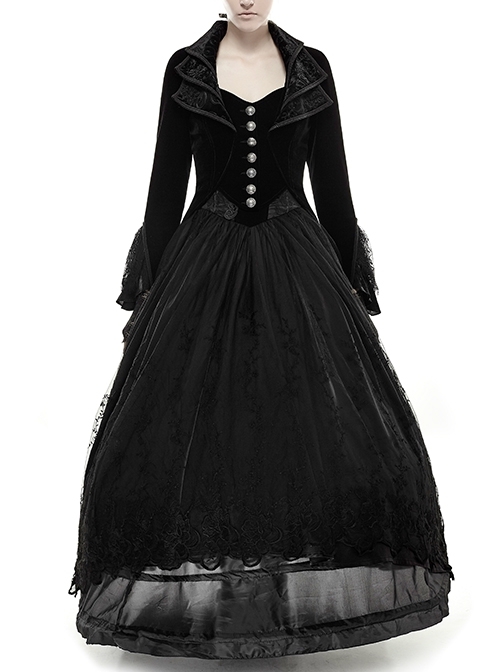 Layered Collar High-Quality Weft Velveteen Back Large Wave Black Gothic Earl Long Coat