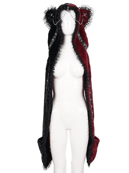 Black And Red Devil Sheep Head Chain With Metal Skull Palm Punk Wind Plush Hooded Scarf