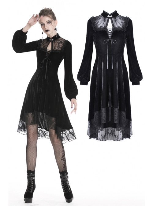 Black Lace Embroidery Chest Lace-Up Long Sleeves Velvet Gothic Dress ...