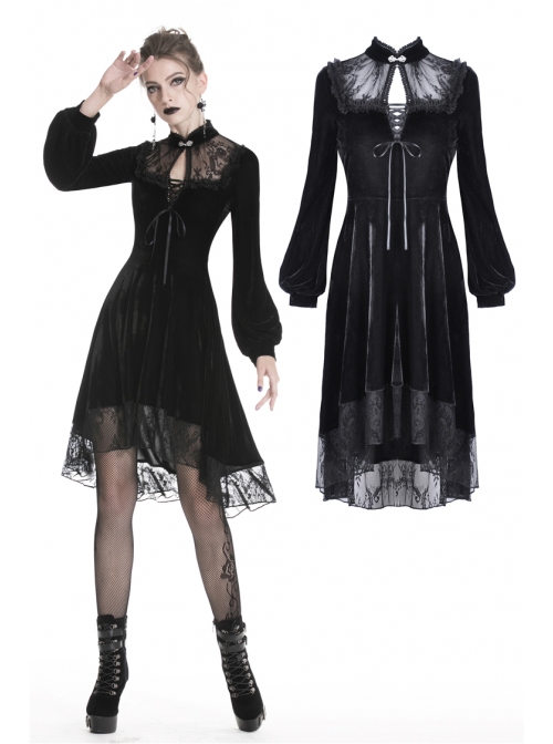 Black Lace Embroidery Chest Lace-Up Long Sleeves Velvet Gothic Dress