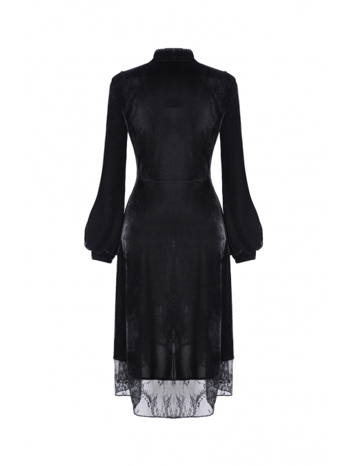 Black Lace Embroidery Chest Lace-Up Long Sleeves Velvet Gothic Dress ...
