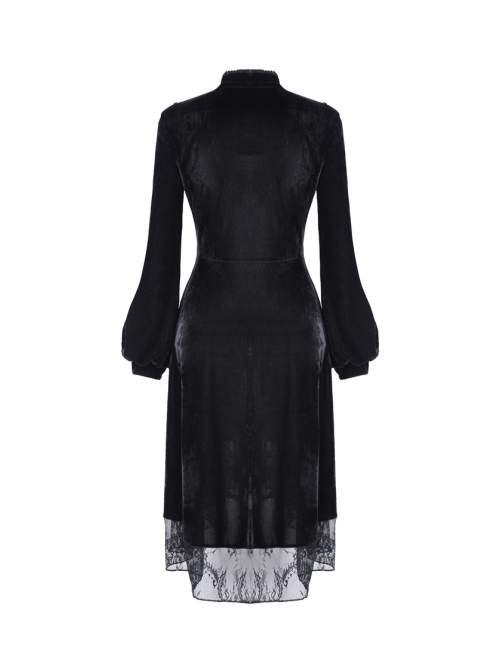 Black Lace Embroidery Chest Lace-Up Long Sleeves Velvet Gothic Dress