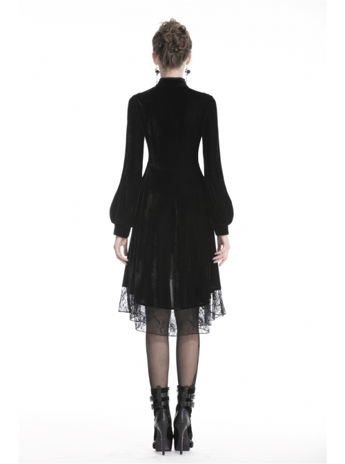 Black Lace Embroidery Chest Lace-Up Long Sleeves Velvet Gothic Dress