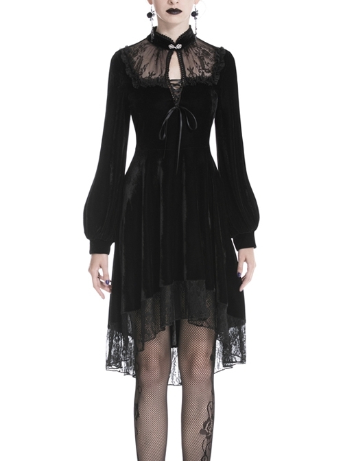 Black Lace Embroidery Chest Lace-Up Long Sleeves Velvet Gothic Dress