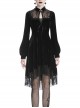 Black Lace Embroidery Chest Lace-Up Long Sleeves Velvet Gothic Dress