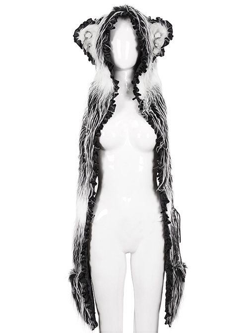 Black And Gray Woven Metal Ring Eyelet Rope Punk Style Long Hair Cat Ear Hooded Scarf