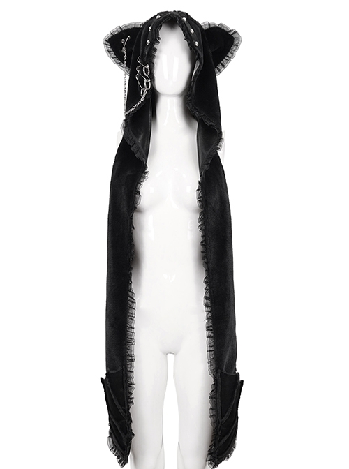 Metal Ring Chain Fur Laminated Batwing Pocket Hand Black Punk Hooded Scarf