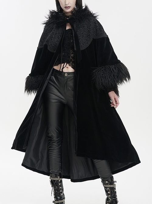 Black Jacquard Fabric Petal Stitching Three-Dimensional Webbing Cape-Like Wide Wool Sleeves Gothic Fur Collar Jacket