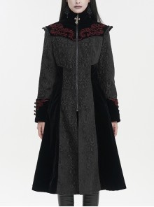 Black Jacquard Studded Mushroom Buckle Metal Cross Gothic Embroidered Jacket