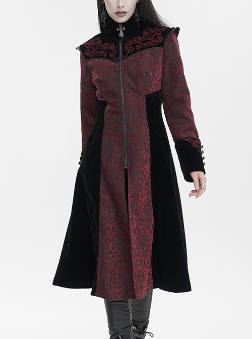 Red Jacquard Studded Mushroom Buckle Metal Cross Gothic Embroidered Jacket