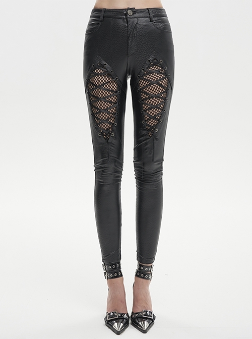 Stretch Diamond Wavy Black String Adjustable Punk Slim Fit Trousers