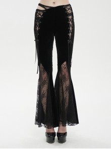 Black Velvet-Paneled Mesh Side-Adjustable Asymmetrical Gothic Leggings