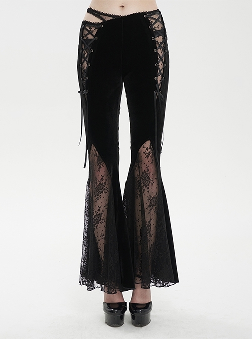 Black Velvet-Paneled Mesh Side-Adjustable Asymmetrical Gothic Leggings