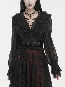 Thin Waist Plaid Stitching Layered Lace Black Gothic Long-Sleeved Shirt