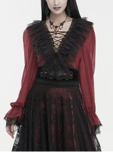 Thin Waist Plaid Stitching Layered Lace Red Gothic Long-Sleeved Shirt