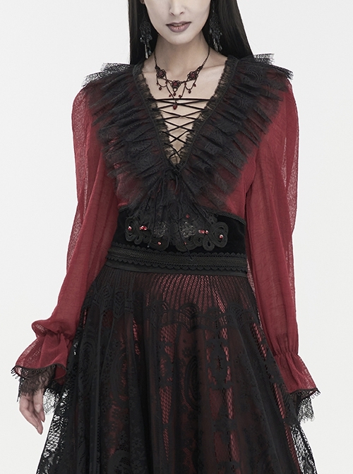 Thin Waist Plaid Stitching Layered Lace Red Gothic Long-Sleeved Shirt