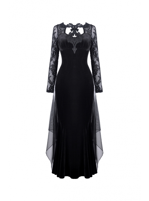 Black Chest Hollow Gauze Embroidery Mermaid Hem Gothic Maxi Dress