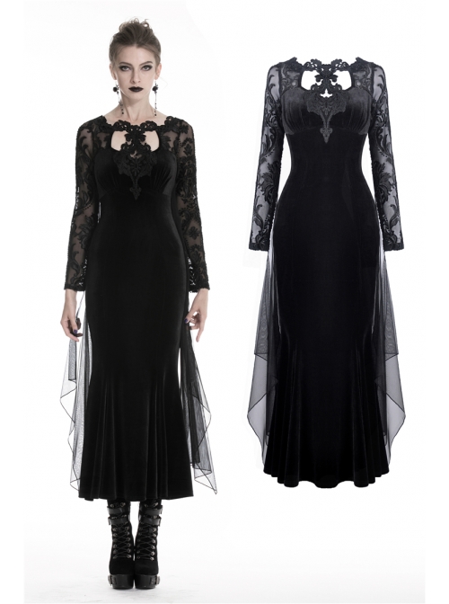 Black Chest Hollow Gauze Embroidery Mermaid Hem Gothic Maxi Dress