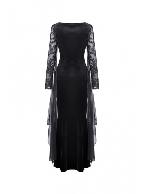 Black Chest Hollow Gauze Embroidery Mermaid Hem Gothic Maxi Dress